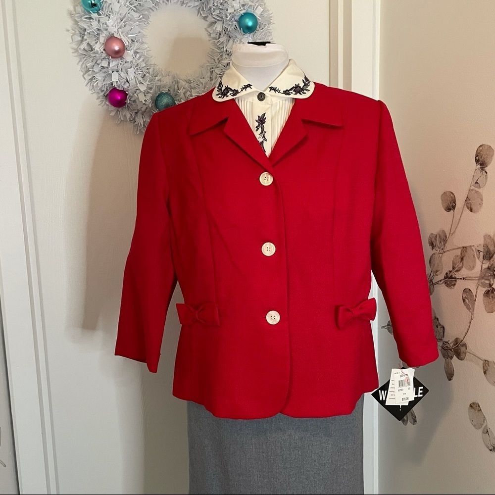 Vintage Miss Dorby Candy Apple Red Three Button Bow Pocket Blazer, 16 NWT